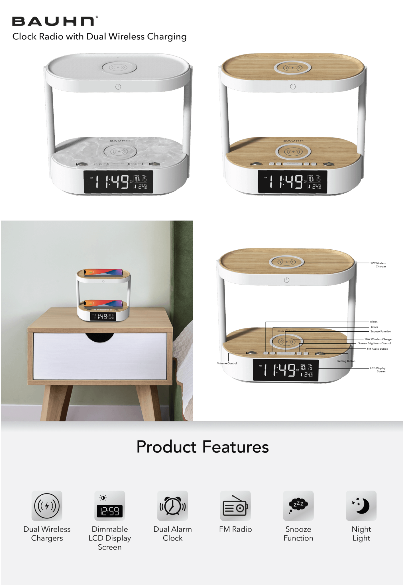 Dual Wireless Charging Clock Bauhn